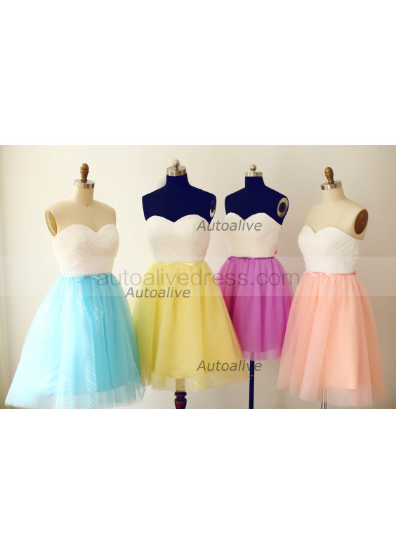 Ivory Lace Blue/Yellow/Hot Pink/Peach Tulle  Short Prom Dress